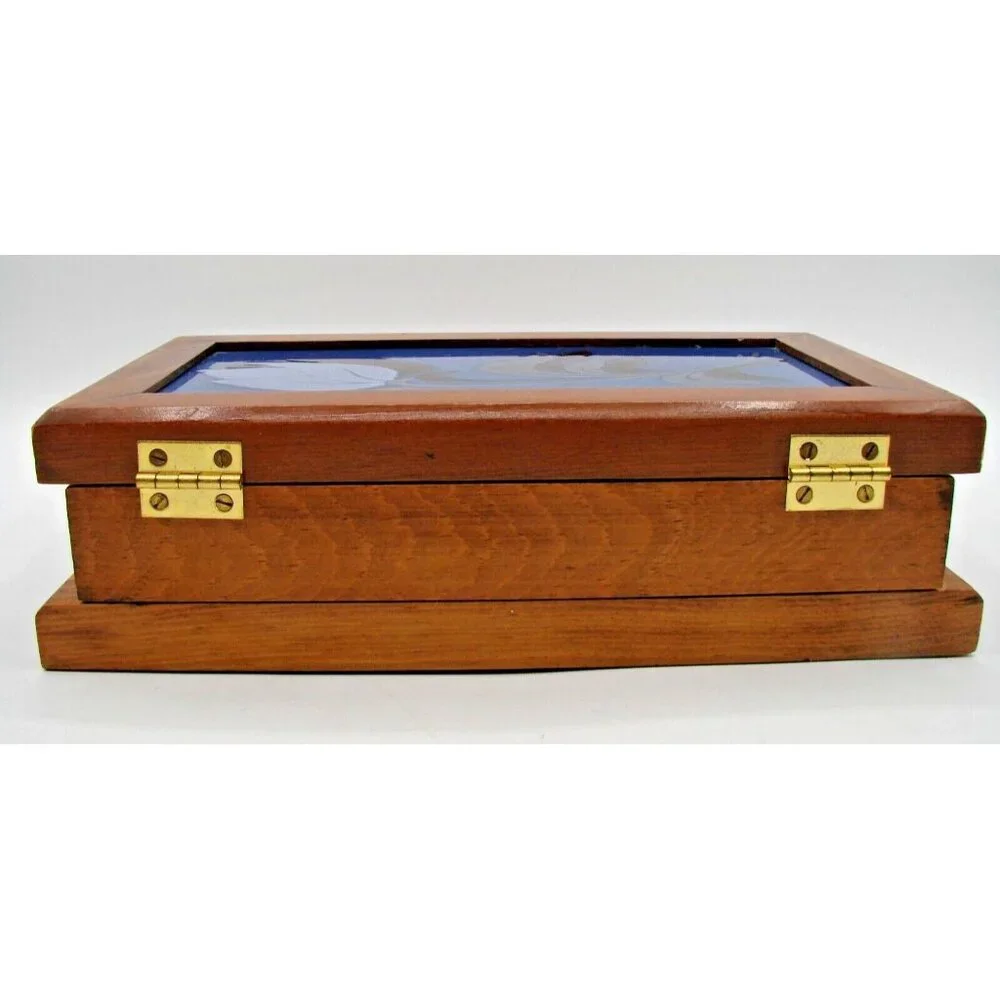 Wooden Jewelry Trinket Box Blue Flower Rose Design Enamel Inlay Hinged 9.5x5.5